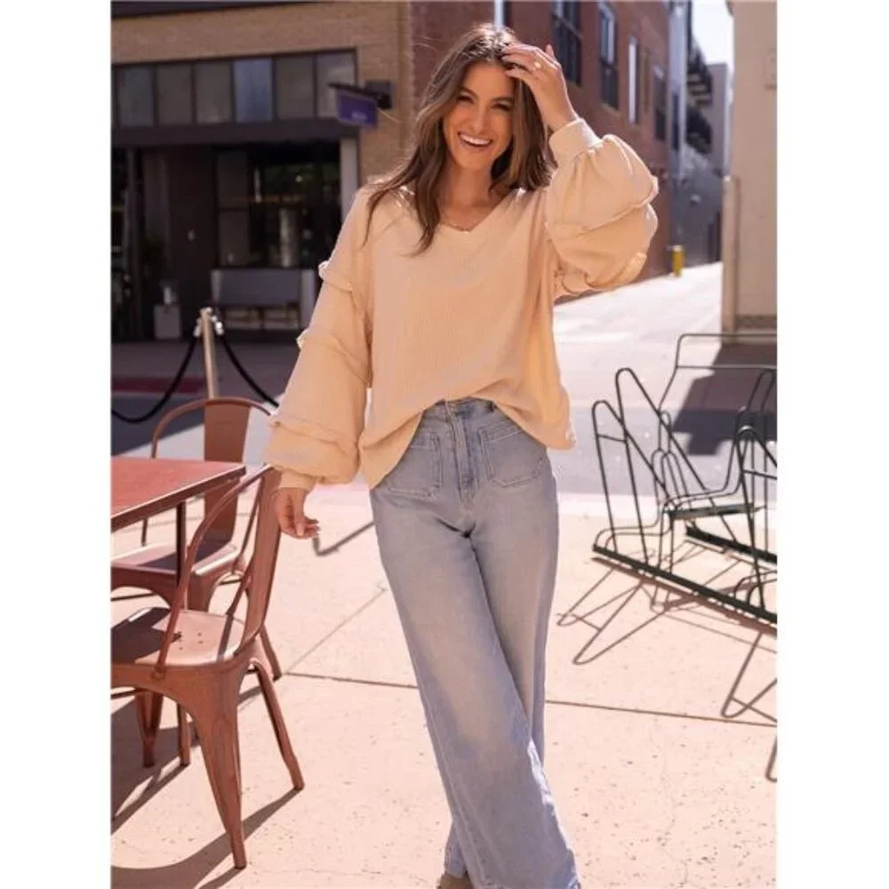 Women's V Neck Long Sleeve Blouse Solid Apricot - Picture 5 of 6